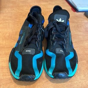 Boys Adidas black/blue NMD sneakers size 7